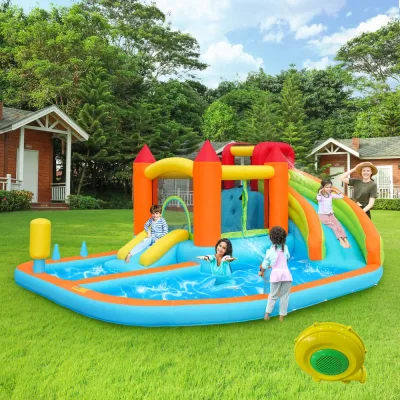 Château gonflable avec toboggan aquatique orange