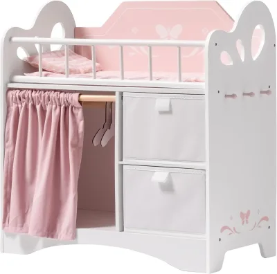 Lit de poupée rose en bois avec rangement