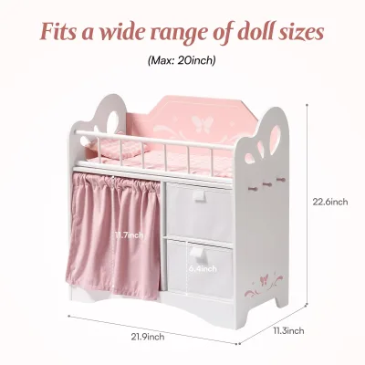 Lit de poupée rose en bois avec rangement – image 2