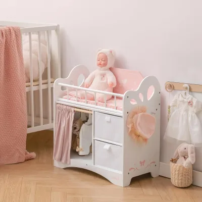 Lit de poupée rose en bois avec rangement – image 3